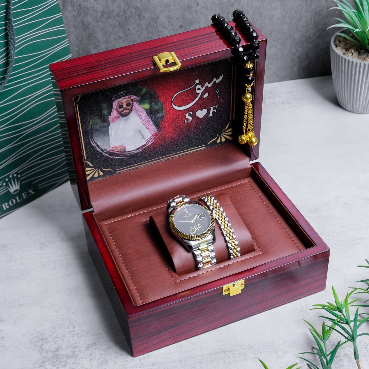 طقم ساعة رولكس فاخر مع حفر الاسم
